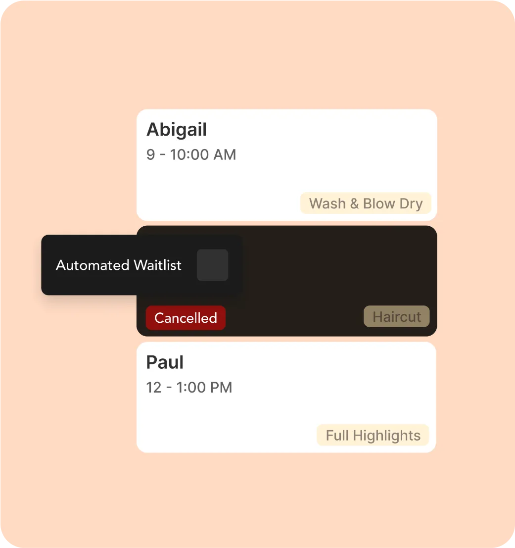 Booking app interface showing 2 scheduled appointments with the time, service, and the client's name, and 1 cancelled appointment.